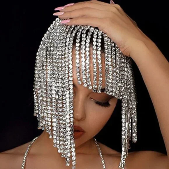Tassel Rhinestone Cap Headpiece Flapper Crystal Head Chain Jewelry Belly Dance W